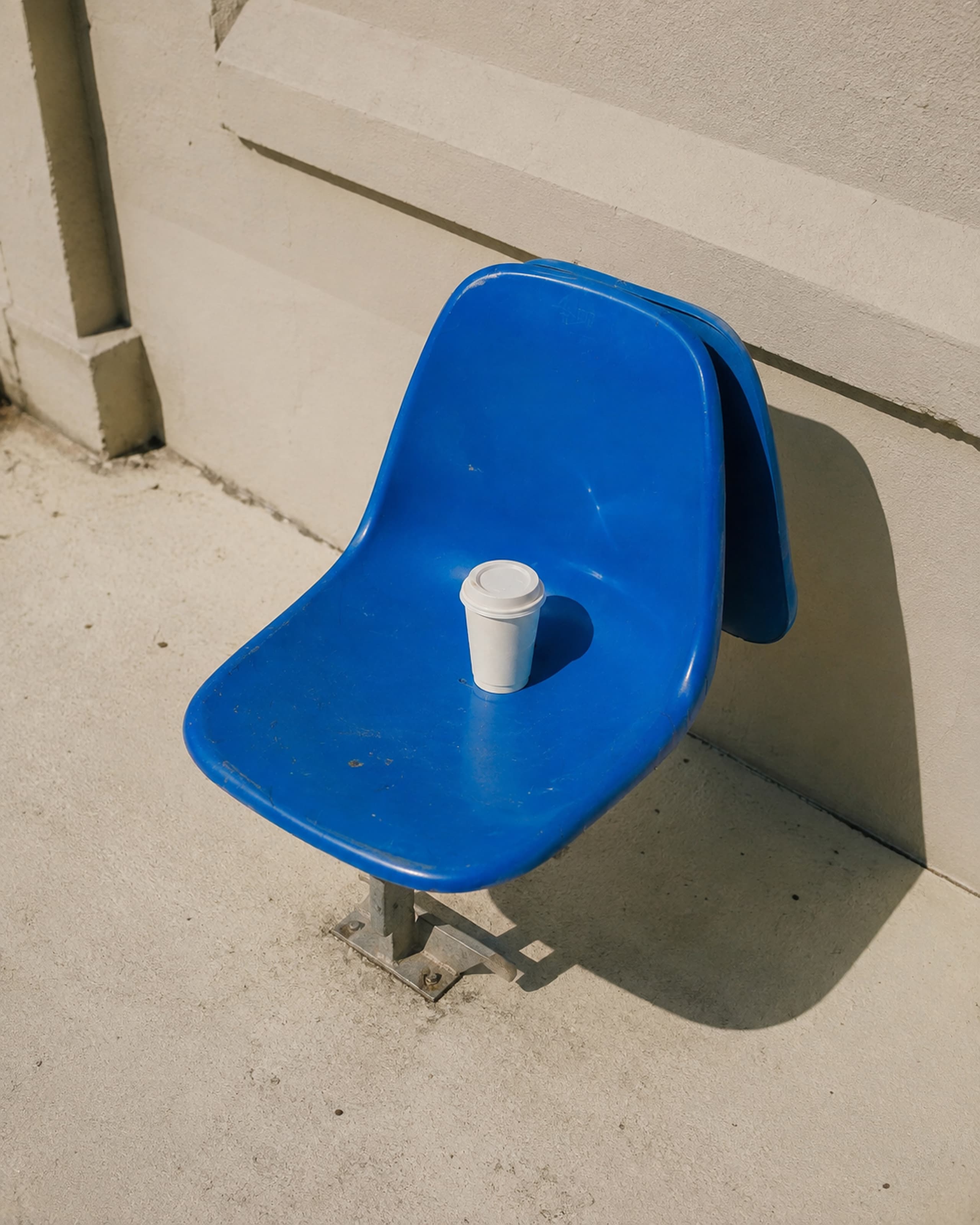 A single white coffee cup resting on a cobalt-blue chair against a sunlit wall.