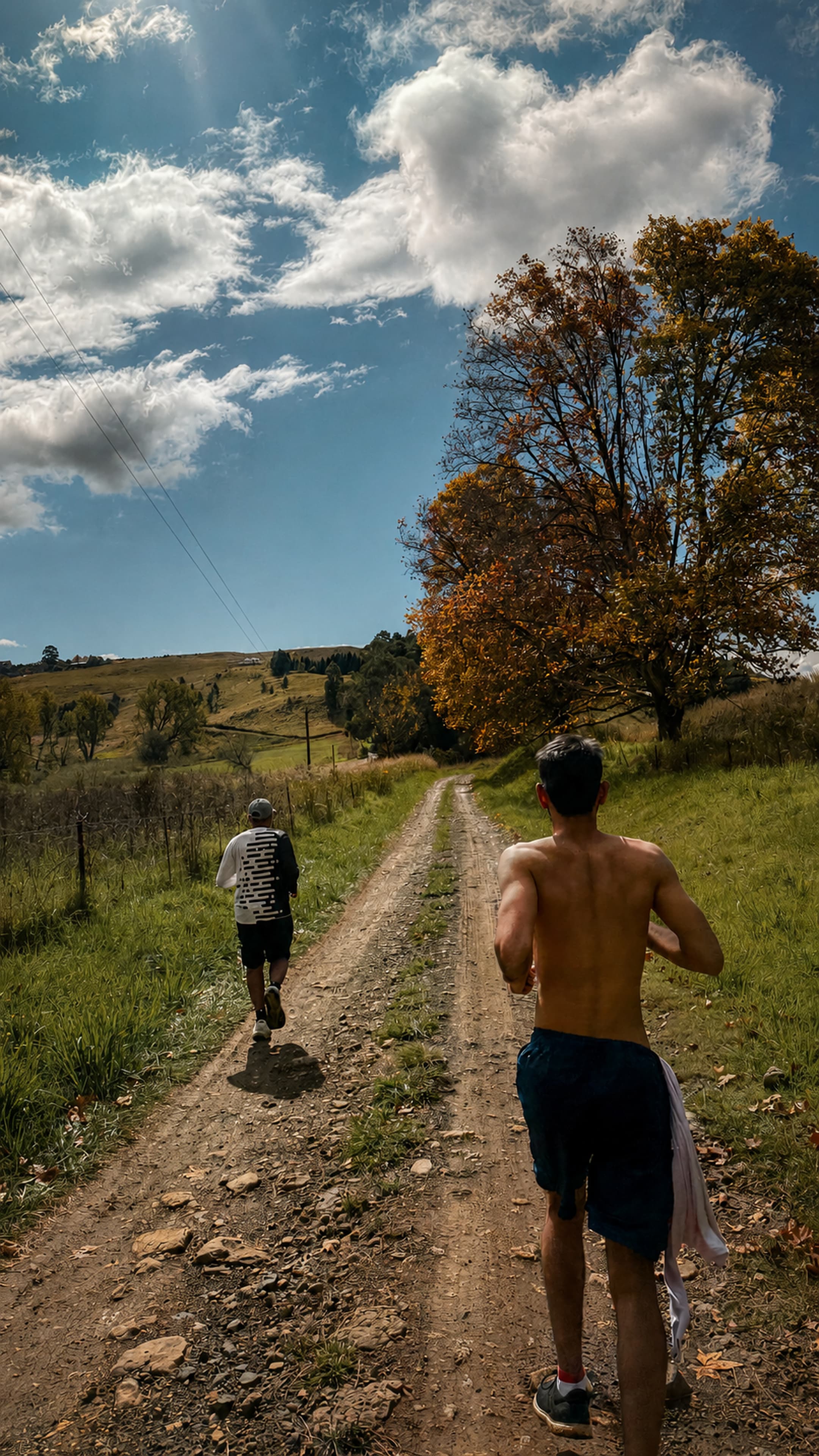 Two people running a dirt road through open country.